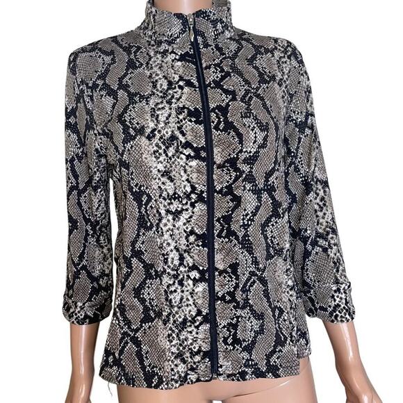 Toni Morgan black gray python snake print full zipped ruched long sleeve SZ M - Picture 2 of 10